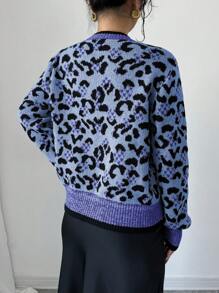 SHEIN Unity 1pc Women Leopard Print Bowknot Front Cardigan - Royal Blue - View 2