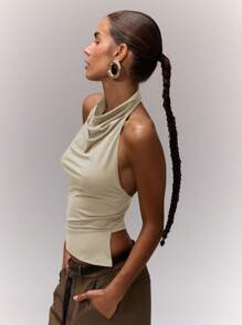 MUSERA Draped Asymmetric Halterneck Top Ibiza Festival Rave Going Out Top Fall - Apricot - View 3