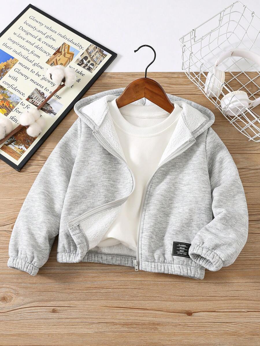 男童纯色保暖连帽外套，冬季适用，适合返校、校服穿着，保暖舒适，适合日常穿着，也适合圣诞节和生日派对等场合。 - 灰色 - 查看 1