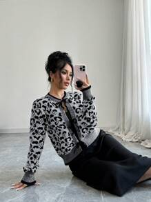 SHEIN Unity Women's Leopard Print Tie Front Cardigan Fall Cloth For Women - Grey - View 5