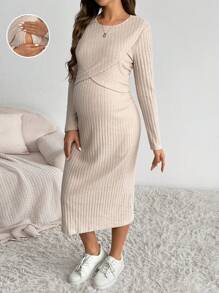 SHEIN Vestido de maternidad y lactancia, vestido casual de manga larga y cuello redondo de unicolor, otoño