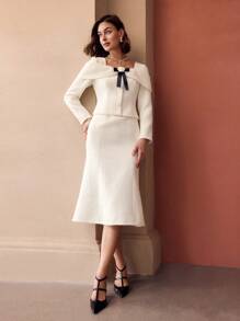 MOTF PREMIUM فستان ميدي بقصة حورية البحر مع زخرفة أمامية على شكل ربطة عنق وزهرة ثلاثية الأبعاد وياقة على شكل قلب وحافة متباينة من نسيج التويد