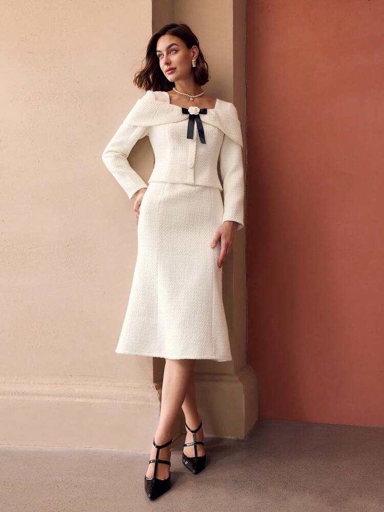 TWEED SWEETHEART NECK CONTRAST STEREO FLOWER BOW FRONT MERMAID HEM MIDI DRESS