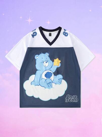 ROMWE X Care Bears Camiseta deportiva de manga corta con estampado de oso de dibujos animados y bloques de color para hombres, estilo jersey de fútbol, de tela de malla con paneles brillantes