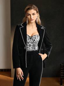 MOTF Soiréza VELVET LAPEL COLLAR FAUX PEARL TRIM RUCHED BLAZER - Black - View 7