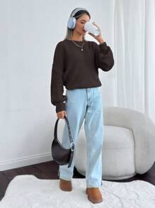 EURMUSE Women Solid Color Round Neck Drop Shoulder Chunky Pullover - Brown - View 6