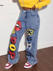 Slaydiva Quần Jeans Nữ Quần Jeans Ống Thẳng Graffiti Y2k Thời Trang Đường Phố Quần Jeans Denim Cạp Thấp Quần Jeans Rộng Cho Nữ - Rửa nhẹ - Xem 4