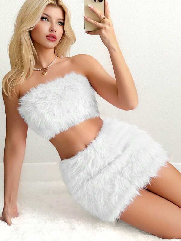Sweetina Plush Bandeau Top & Mini Skirt Set