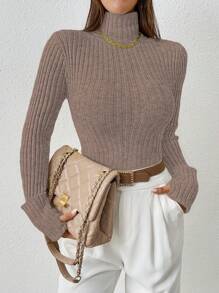 SHEIN LUNE Women's Casual Solid Color High Neck Ribbed Knit Slim Fit Sweater - Mocha Brown - View 6