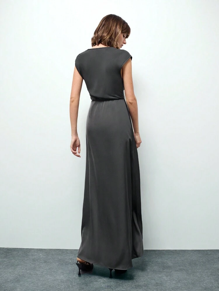 SHEIN Maija Elegant Draped Neck Cap Sleeve Cinched Waist A-Line Fitted Long Dress, Shiny Satin, Suitable For Parties, Valentine's Day