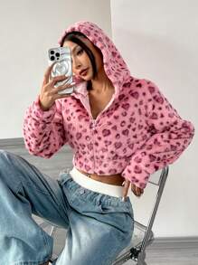 Muchica 1 Stück Damen Leoparden Muster Kapuzen Kurze Plüschjacke, Winter - Pink - Übersicht 1