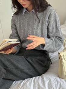 DAZY Autumn New Round Neck Solid Color Sweater For Women - Grey - View 7
