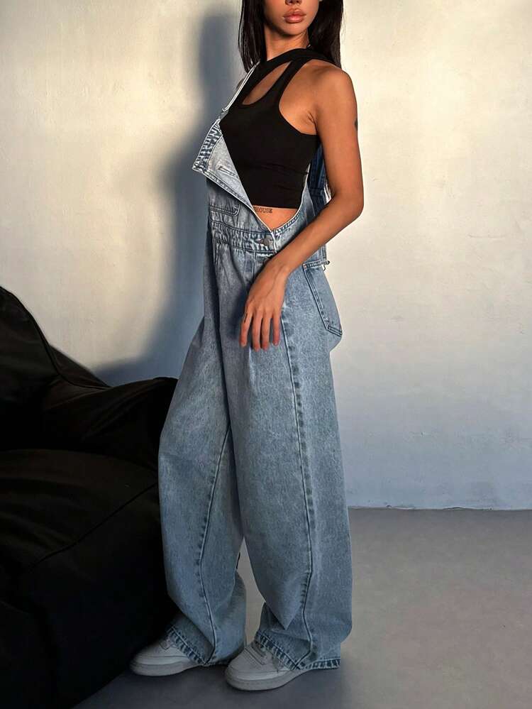 Women's Solid Color Front Pocket Thick Strap Sleeveless Denim Jumpsuit Overalls