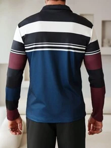 Manfinity Homme 秋季男士休闲撞色条纹 Polo 衫 - 彩色 - 查看 3