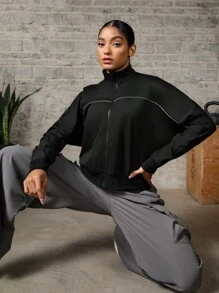 Easithlete Áo khoác thể thao tối giản dài tay có khóa kéo phía trước dành cho nữ, sử dụng hàng ngày - màu đen - Xem 7