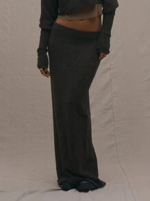 MUSERA Low Rise Knitted Maxi Skirt Only Night Out Occasion Cute Sexy Winter Elegant - Coffee Brown - View 2