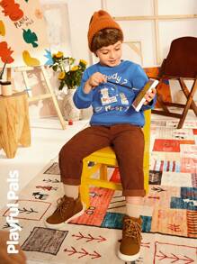 SHEIN Set de 2 piezas para niños pequeños - Suéter de cuello redondo de manga larga con estampado de dibujos animados lindo/vintage/casual/de vuelta a la escuela y pantalones, adecuado para la escuela y exteriores, primavera/otoño/invierno