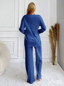 EURMUSE 100%Cotton Letter Printed Knitted Ribbed Homewear Set - Royal Blue - View 2