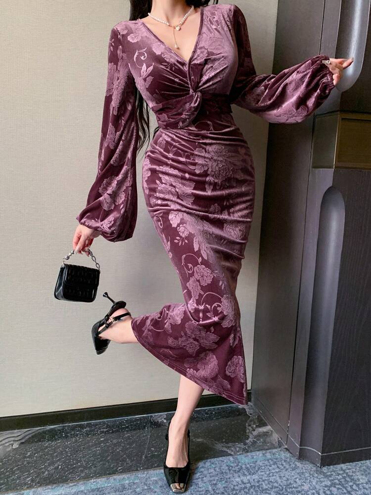 Full Floral Print V-Neck Cinched Waist Sexy Velvet Party Midi Dress For Women,Fall Clothes Long Sleeve Dress Prom Dress