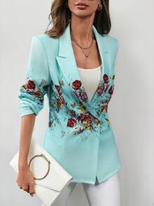 SHEIN Clasi Chaqueta blazer de ajuste regular con estampado floral y doble botonadura para mujer
