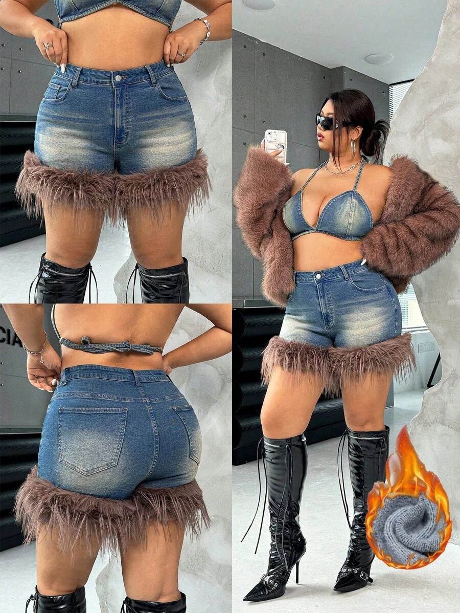 SHEIN ICON Plus Size Distressed Denim Shorts, Sexy Street Style Ultra Short Frayed Hemline, Blue - Dark Wash - View 1