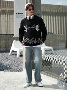 Manfinity Hypemode 男士休闲长袖开衫，带火焰和天使图案，适合秋冬季