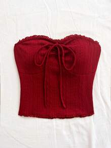 Soleia Áo crop top ren phối vải kết cấu gợi cảm phía trước cho nữ - Màu Đỏ Sâu - Xem 5