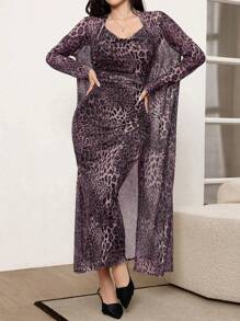 Modelyn 2pcs Women Elegant Leopard Print Mesh Dress & Coat Set For Autumn - Purple - View 5