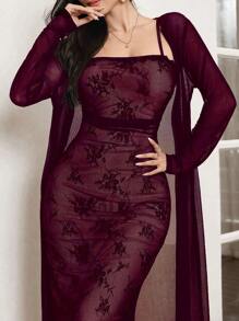 Modelyn Set de 2 piezas para mujer: chaqueta de malla de manga larga de unicolor y vestido camiseta con bajo de cola de pez, conjunto de 2 piezas de otoño