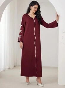 Yasmyna 女士优雅浪漫蝴蝶结撞色条纹派对连衣裙，休闲 A 字型阿拉伯朴素酒红色长袖连衣裙，适合日常休闲 - 酒紅色 - 查看 7