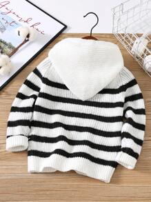1pc Casual Boys' Cozy Fashionable Simple Practical Versatile Half-Open Collar Deer Plush Comfortable Thick Warm Striped Hoodie Sweater, Suitable For Back To School, Daily Wear, Travel, Sports, Autumn/Winter - Black and White - View 3