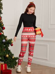 Teen Girl Christmas Element Printed Leggings, Versatile Inner/Outer Wear, Holiday Style, Christmas Party Leggings - Multicolor - View 3