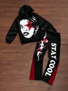SHEIN Leap Crew 2 件青少年男孩宽松休闲图案连帽衫和运动裤套装 - 黑色 - 查看 8