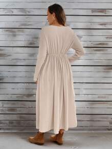 EMERY ROSE 女士休闲纯色前扣长裙，秋季 - 杏色 - 查看 4