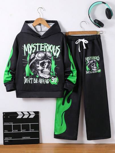 2 件套青少年男孩骷髅和火焰印花连帽衫和运动裤两件套服装