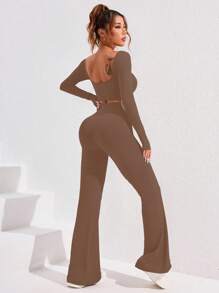 Women Solid Square Collar Long Sleeve Cropped T-Shirt & Flared Pants Sports Set Gym Set Workout Women Set