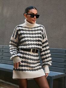 SHEIN Cottnline Knitwear Oversize Dress With Wavy Knit Pattern - Dark Grey - View 7