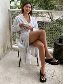 DAZY Floral Pattern Thermal Lined Loose Robe, Winter Pajama, Thermal Lined - Beige - View 5