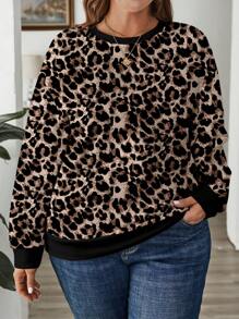 SHEIN LUNE Casual Leopard Print Round Neck Loose Plus Size Women Sweatshirt, Suitable For Autumn/Winter - Chocolate Brown - View 4