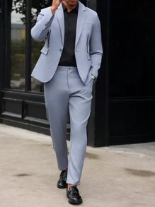 Manfinity Mode 2 件套 男士 纯色 正面纽扣 平领 长袖 衬衫 和 长裤 套装