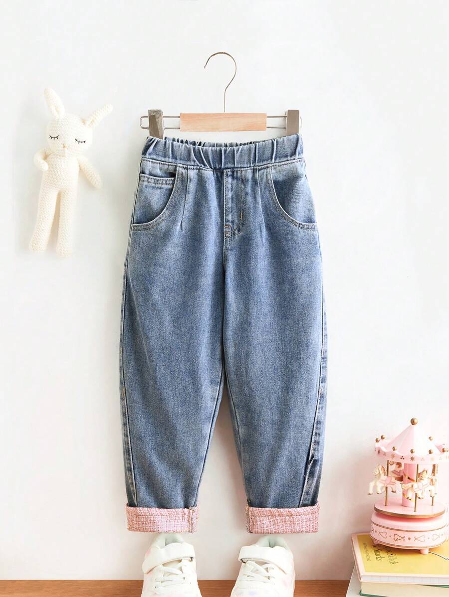 Young Girls All-Match Versatile Plaid Pocket Patchwork Washed Straight Leg Jeans, Suitable For Daily Wear