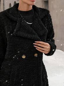 EURMUSE SOLID LAPEL COLLAR BUTTONED LONG TEDDY COAT - Black - View 7