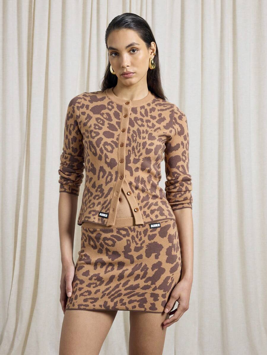AiiRZ Leopard Print Knit Co-Ord Long Sleeve Button Front Cardigan Mini Skirt Set Autumn Winter Fashion Two Piece Outfit