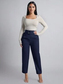 SHEIN PETITE Quần ống côn có thắt lưng mùa xuân cho nữ - Màu xanh hải quân - Xem 3