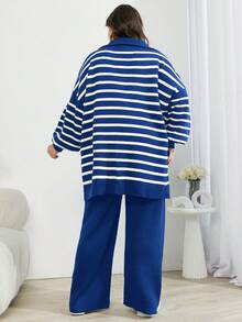 SHEIN Cottnline Plus Size Women's Houndstooth Drop Shoulder Button Down Cardigan Sweater And Pants 3-Piece Set, For Winter - Royal Blue - View 2