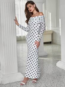 INAWLY Vestito attillato elegante da festa a maniche lunghe con spalle scoperte a pois per donne - Multicolore - Visualizzare 3
