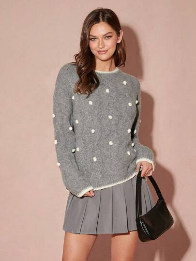 Enchnt Women's Pom Pom Design Round Neck Polka Dot Jacquard Off-Shoulder Long-Sleeved Sweater, Very Thick Warm Sweater, Autumn And Winter Sweater, Christmas Sweater, Thanksgiving Sweater,