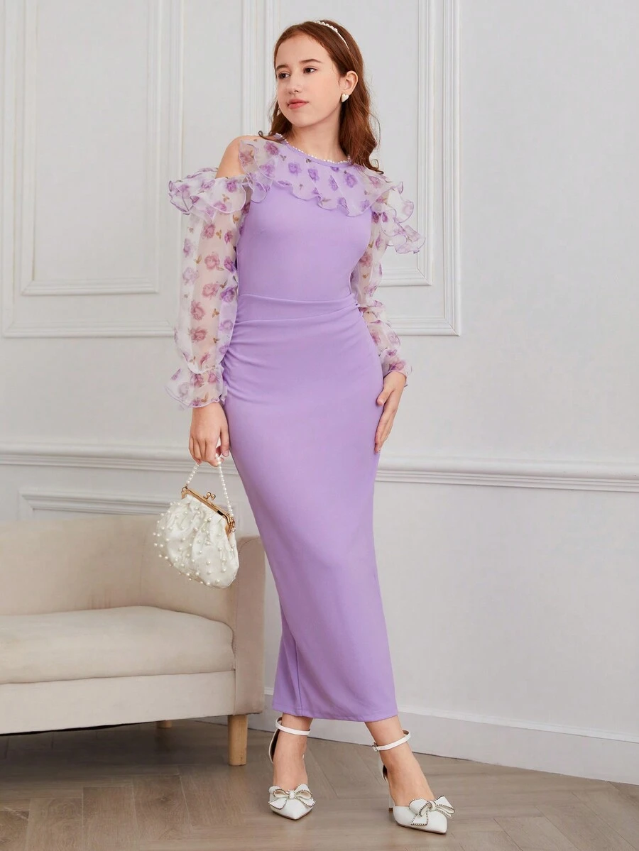 Đầm midi xẻ tà hở lưng xếp ly họa tiết hoa hồng giả ngọc trai thanh lịch cho bé gái tuổi teen - Màu tím hoa cà - Xem 1