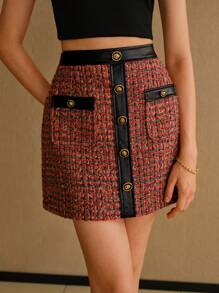 MOTF STUDIO TWEED PLAID CONTRAST TRIM BUTTON DETAIL SKIRT