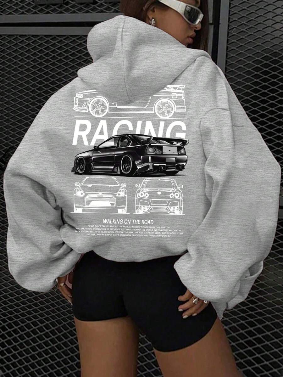 SHEIN EZwear Casual Vintage Car Graphic Print Loose Fit Hoodie Sweatshirt For Women, Suitable For Autumn/Winter - Light Grey - View 1